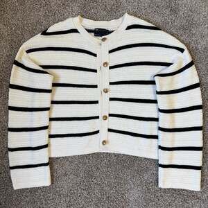 French Girl Old Money Cream Black Stripe Gold Button Knit Cardigan